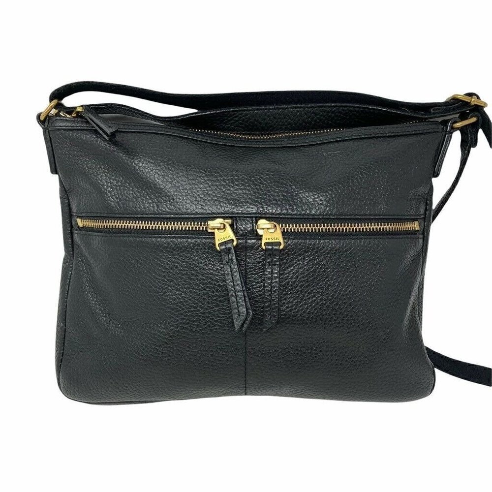 Fossil Womens Elise Crossbody Bag Black Pebbled Leather Pockets Double Zip